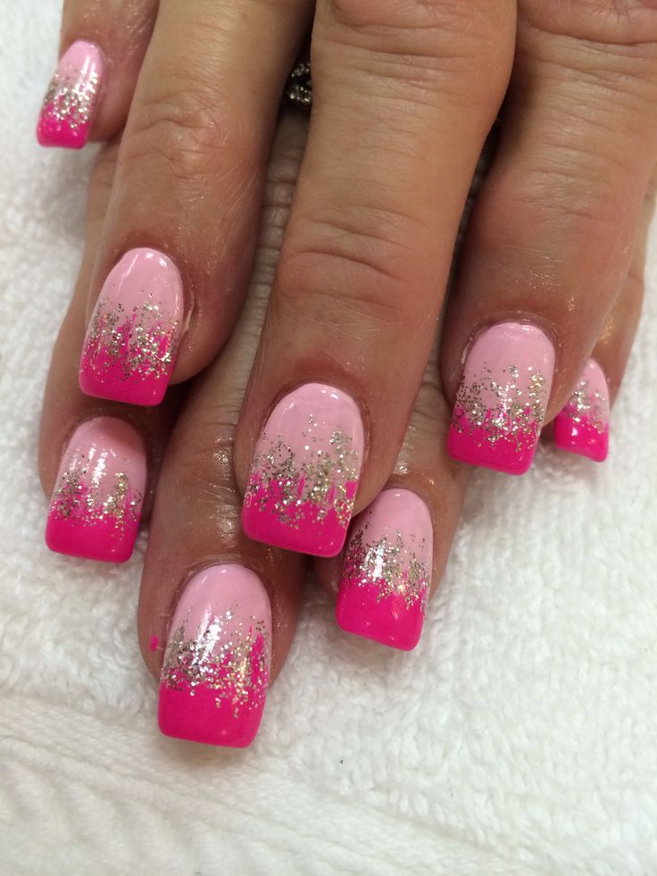 Chic Ombre Nail Design: Soft Pink to Vibrant Magenta with Sparkling Silver Glitter