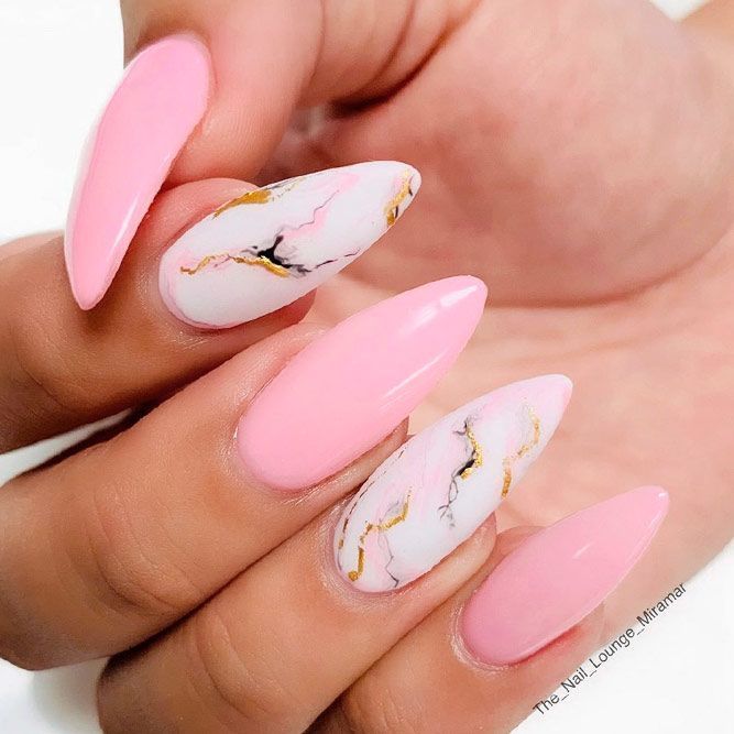 Chic Almond-Shaped Nails with Soft Pink and Striking Marble Design