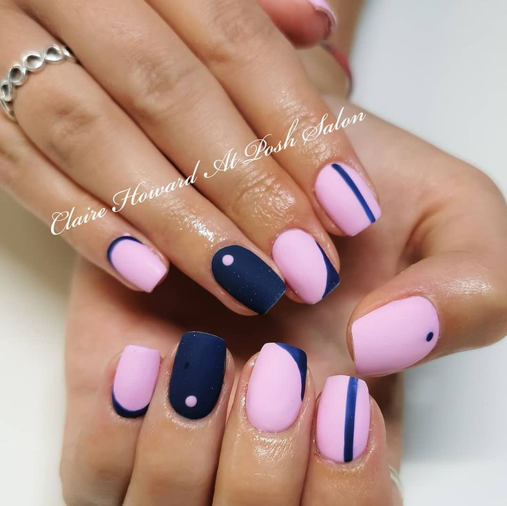 Chic Pastel Pink and Navy Geometric Nail Design with Dot Accents