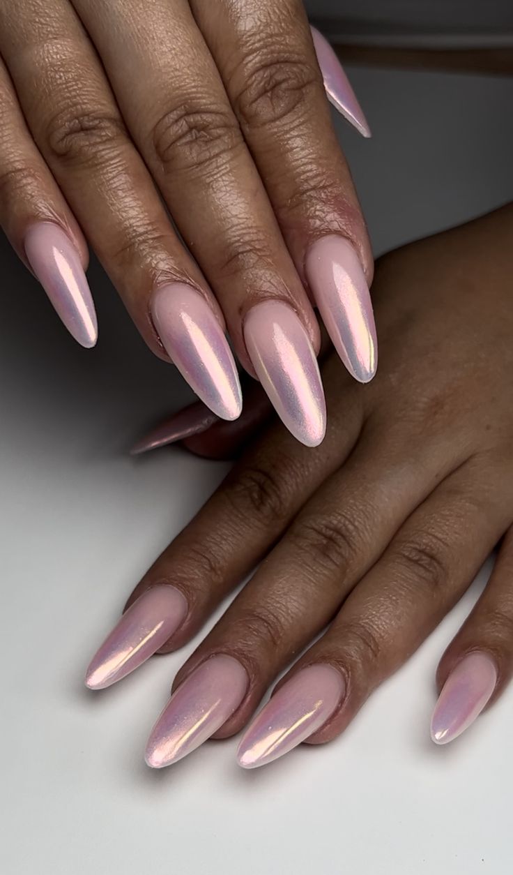 Chic Almond-Shaped Nails: Iridescent Holographic Pink Elegance.