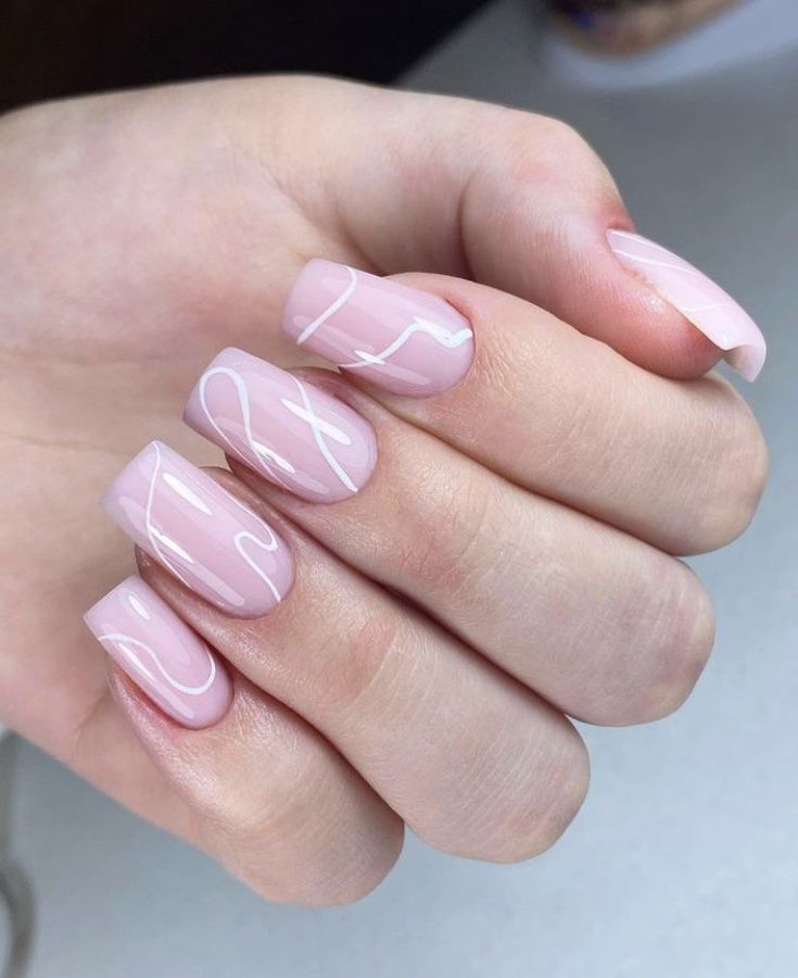 Sophisticated Elegant Nude Nails with Glossy Pink Base and Artistic White Line Art