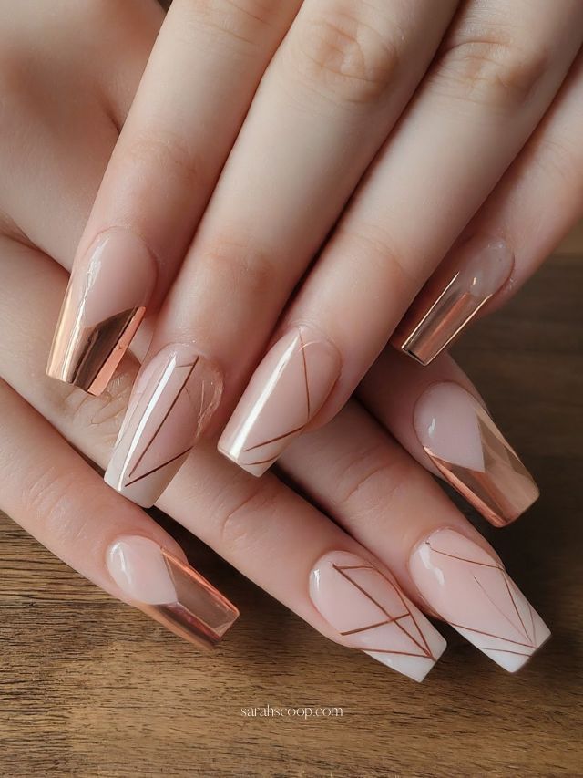 Chic Modern Nail Design: Nude and Rose Gold with Artistic Geometric Accents