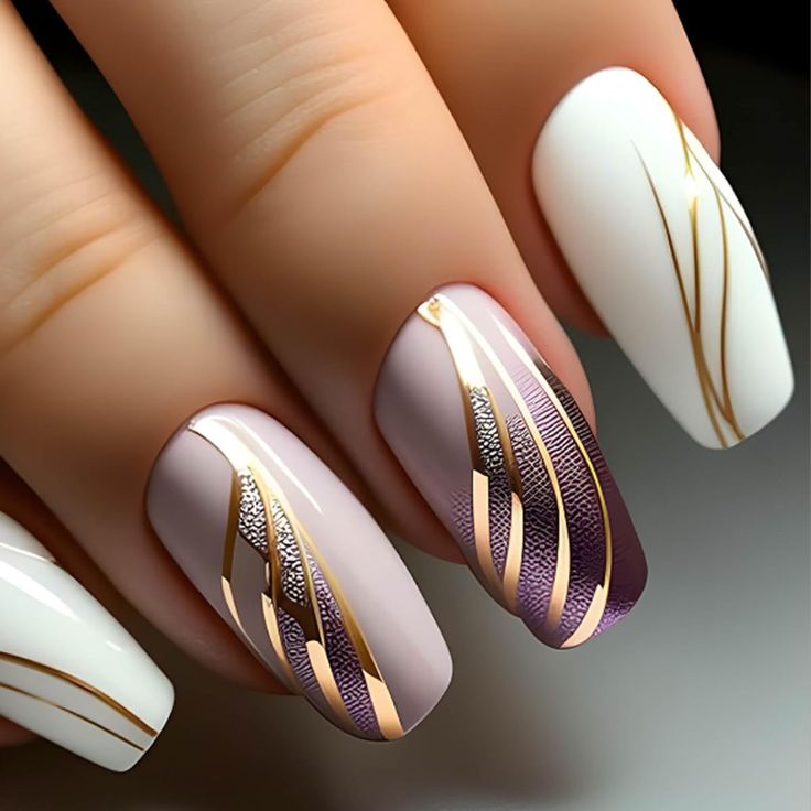 Sophisticated Pastel Nail Design with Gold Accents and Glossy Finishes