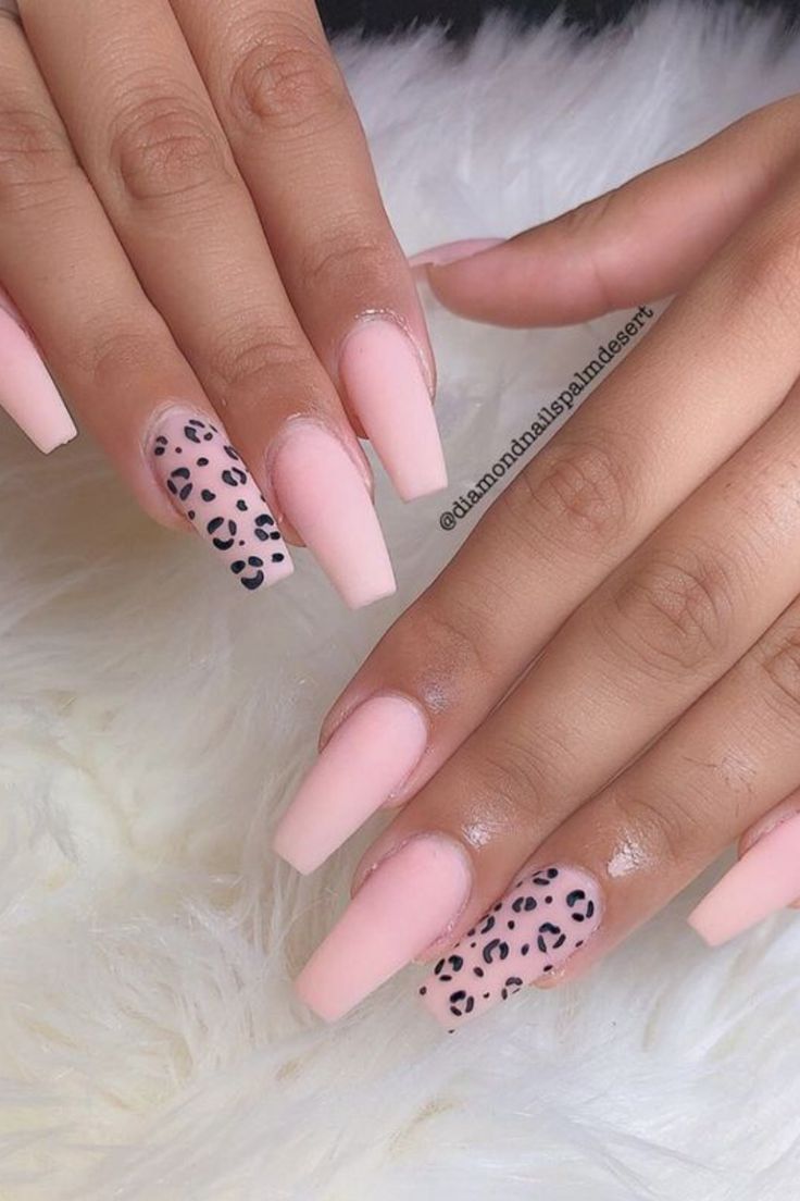 Sophisticated Chic: Elegant Coffin Nails in Soft Pink with Playful Leopard Print Accent.