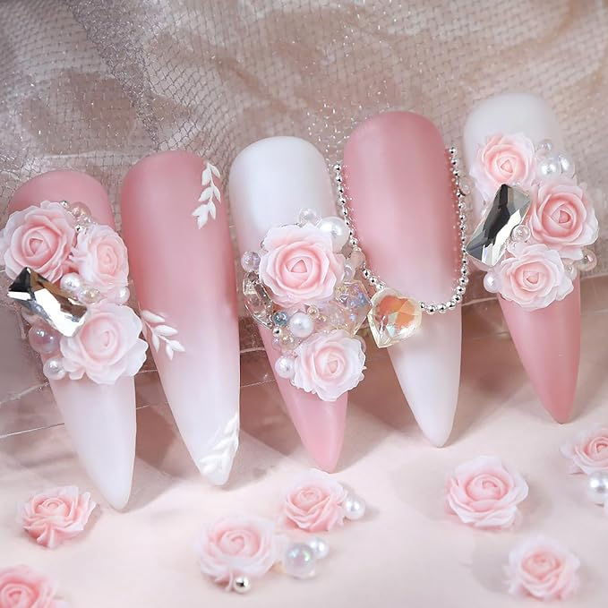 Romantic Floral Nail Art: Pastel Pink Roses and Pearls with Matte and Glossy Finishes.