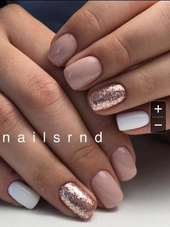 Chic Nail Design: Elegant Nude, Crisp White, and Sparkling Rose Gold Mix