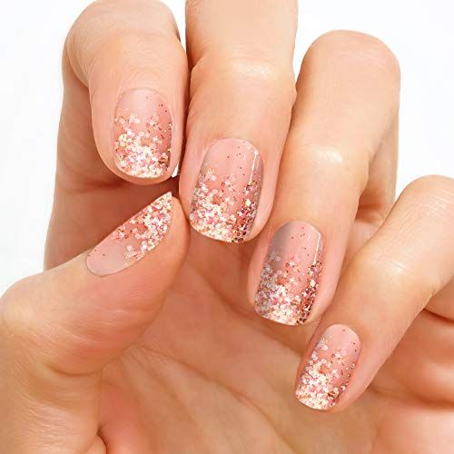 Chic Ombre Glitter Nails with Elegant Nude Base and Sparkling Gold Accents