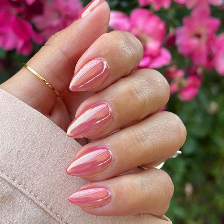 Elegant Almond-Shaped Nails: Chic Pink Base with Delicate White Stripes and Glossy Finish, Ideal for Any Occasion.