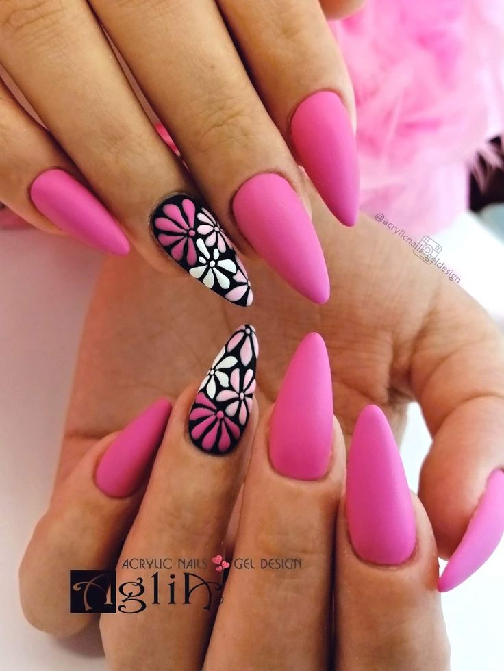 Vibrant Bright Pink Matte Nails with Playful Floral Accent Design.