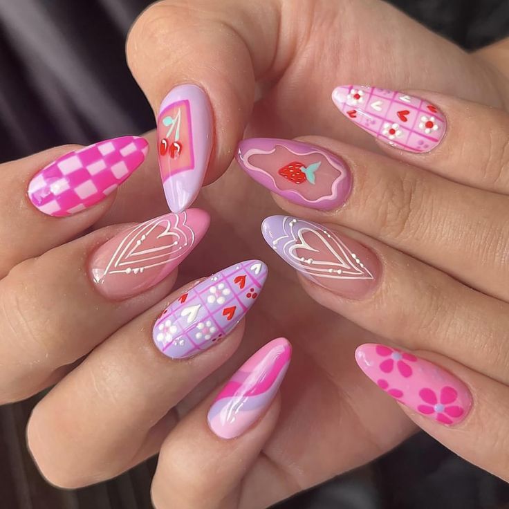 Vibrant Pastel Nail Art: Whimsical Hearts, Checkered Prints, and Floral Motifs.