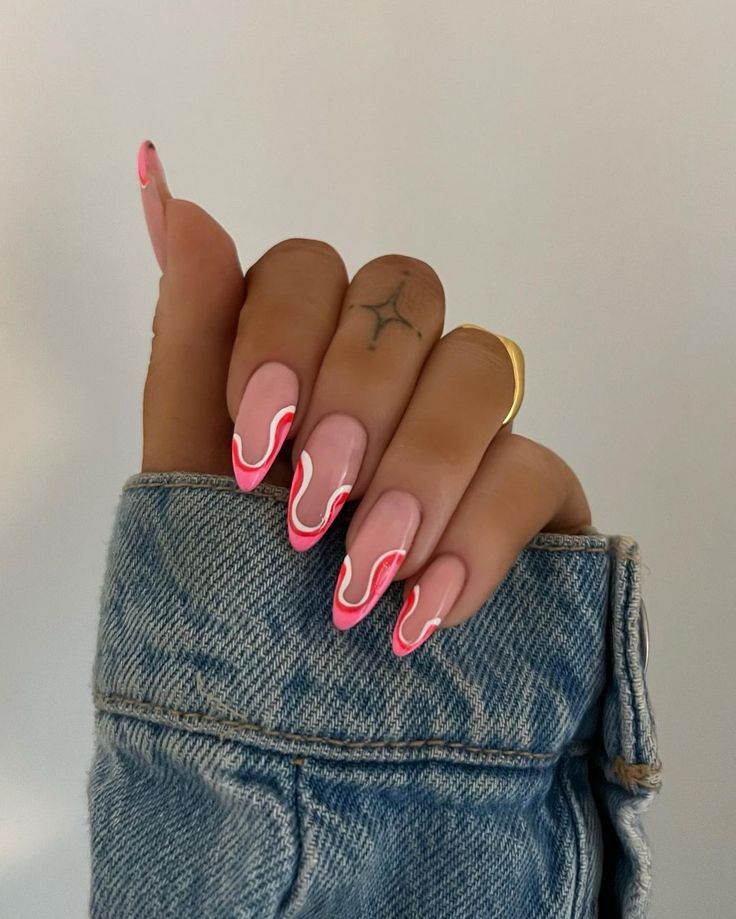 Chic Pink and White Almond-Shaped Nail Design with Gradient Effect and Wave Accents