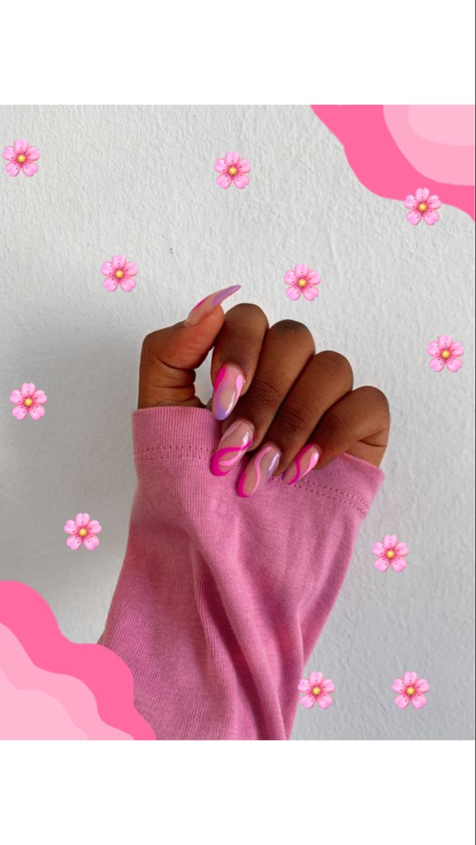 Chic Spring Nail Design: Elegant Pastel Swirls Matched with Cozy Pink Sweater