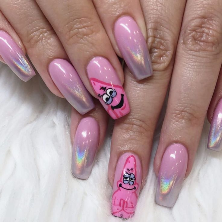 Whimsical Soft Pink Nail Design with Holographic Elements and Cartoon Sea Character Motifs.