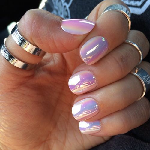 Iridescent Pastel Gradient Nail Design with Holographic Finish and Silver Accents.