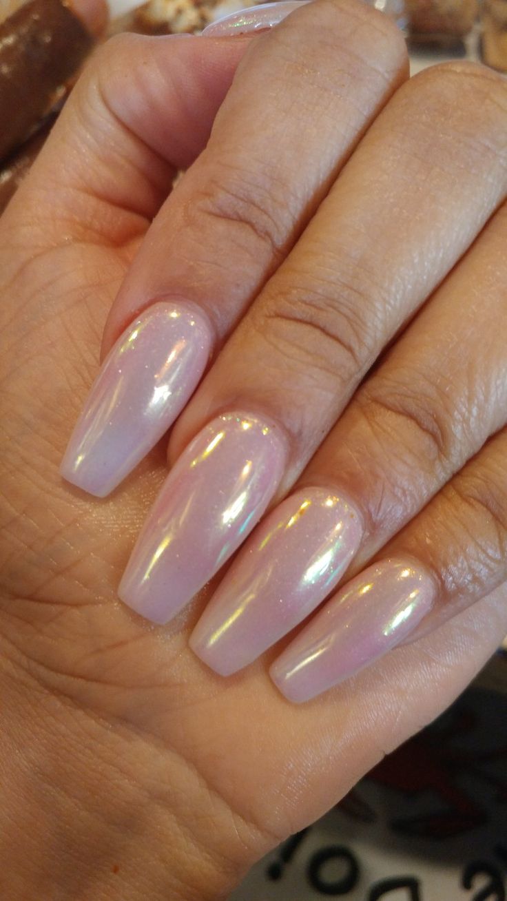 Iridescent Long Almond Nails: Elegant Glossy Pearl Finish with Captivating Shifting Hues.