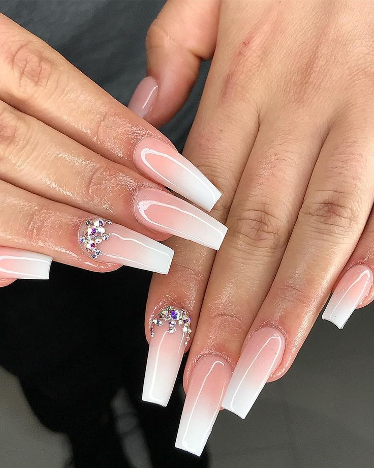 Elegant Ombre Nails with Rhinestone Embellishments and Long Square Tips