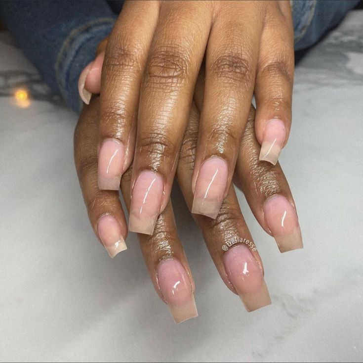 Chic Glossy Nude Nails with Sophisticated Gradient and Square Tips