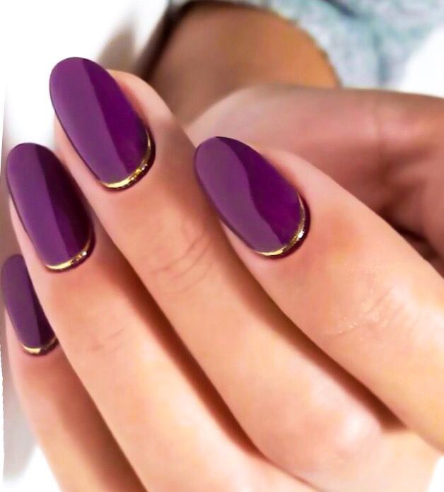 Chic Purple Nails with Glossy Finish and Gold Tip Outline