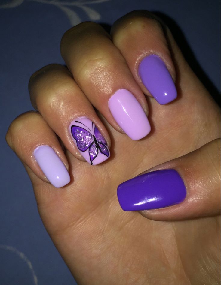 Purple Nails With Butterfly Design