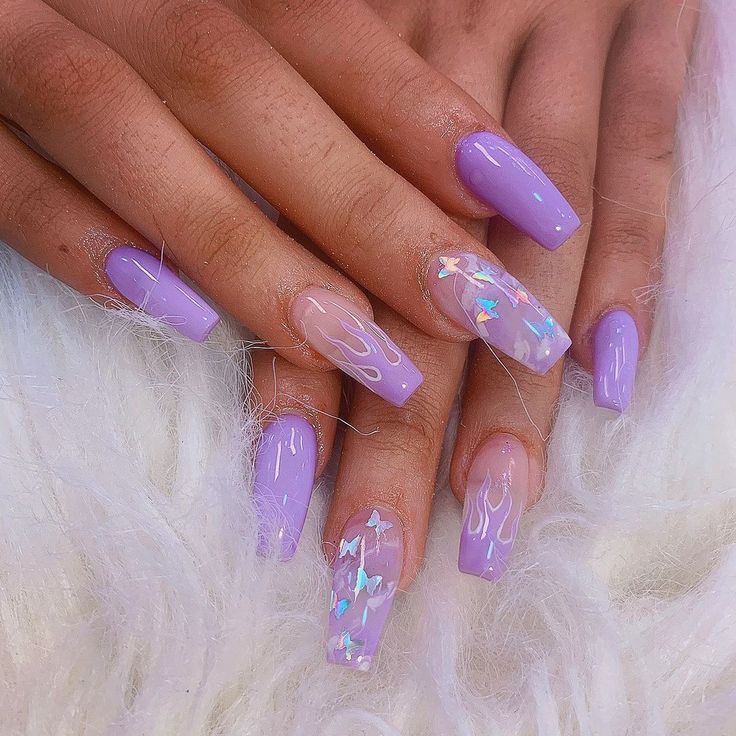 Elegant Lavender Nail Design with Glossy and Textured Finishes, Playful Flames, and Holographic Flakes.