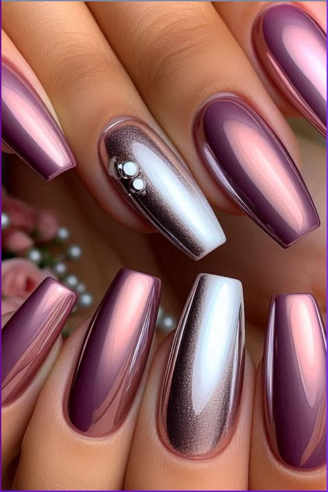 Elegant Deep Mauve and Silver Ombre Nail Design with Rhinestone Accents.