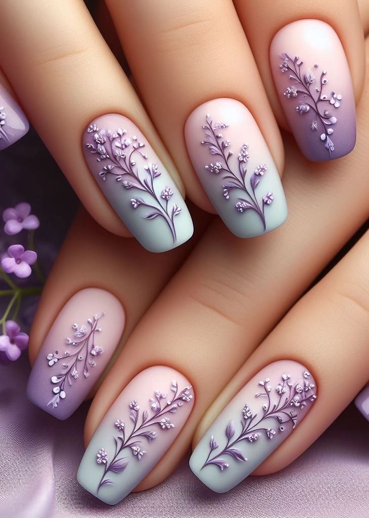 Elegant Floral Nail Design with Gradient Lavender to Mint Green and 3D Elements