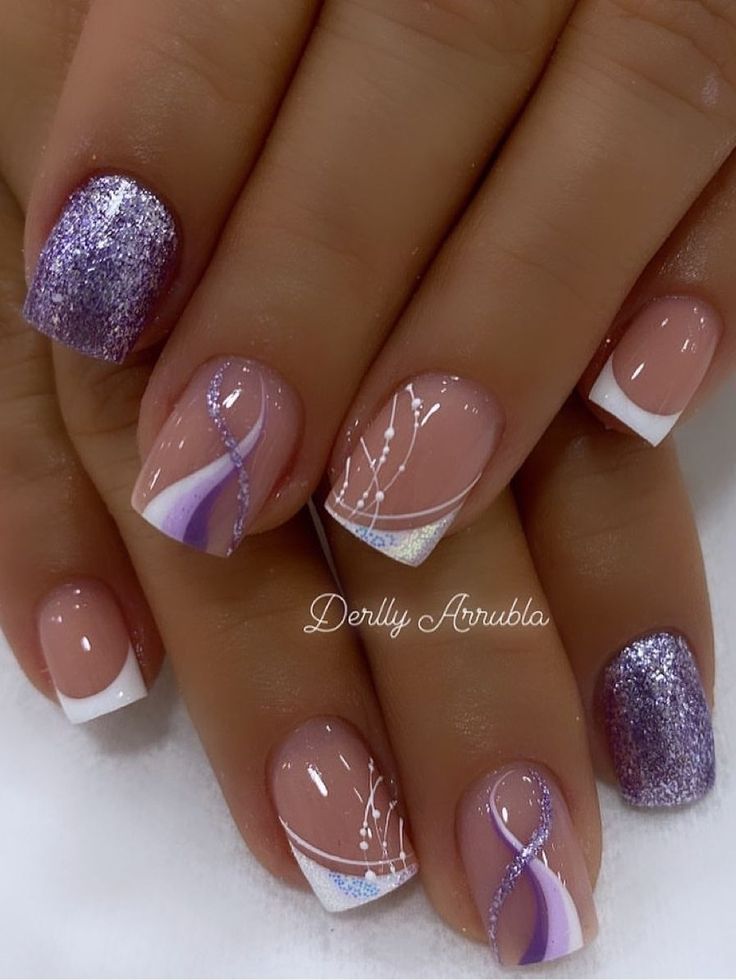 Elegant Pastel Nail Design with Glossy Glitter Finishes and Intricate Line Art