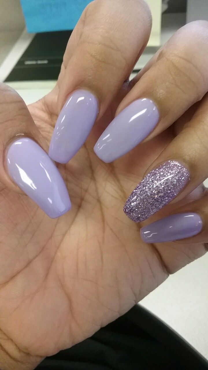 Sophisticated Lavender Nails with Glossy Finish and Glittery Accent for Everyday Elegance.