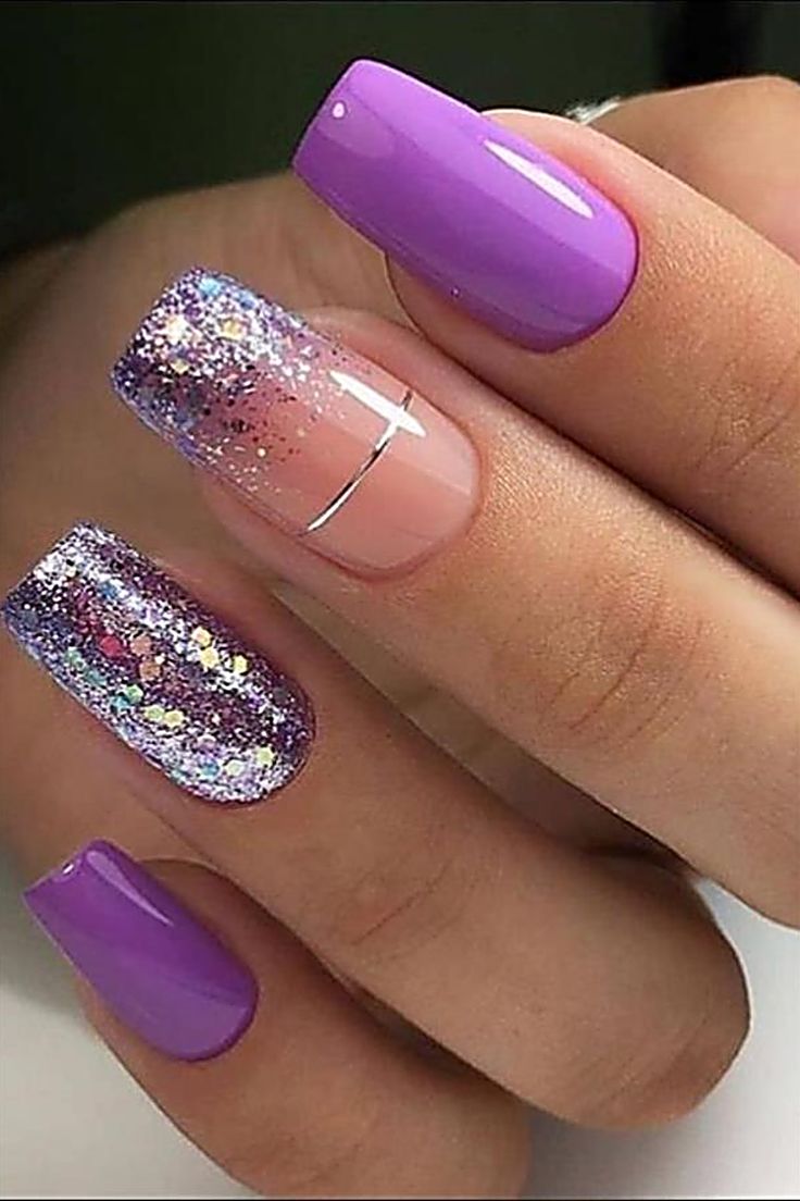 Stunning Purple Nail Design with Glossy and Glittery Textures and Elegant Metallic Accents.