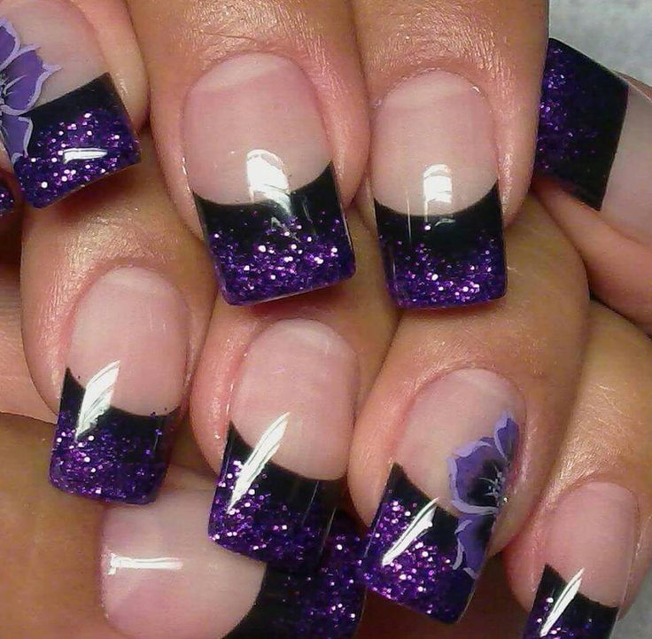 Elegant Deep Purple Glitter Gradient Nail Design with Floral Accents.