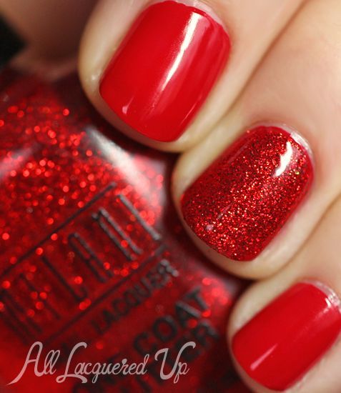 Elegant Glossy Red Nail Design with Sparkling Accent for Any Occasion.