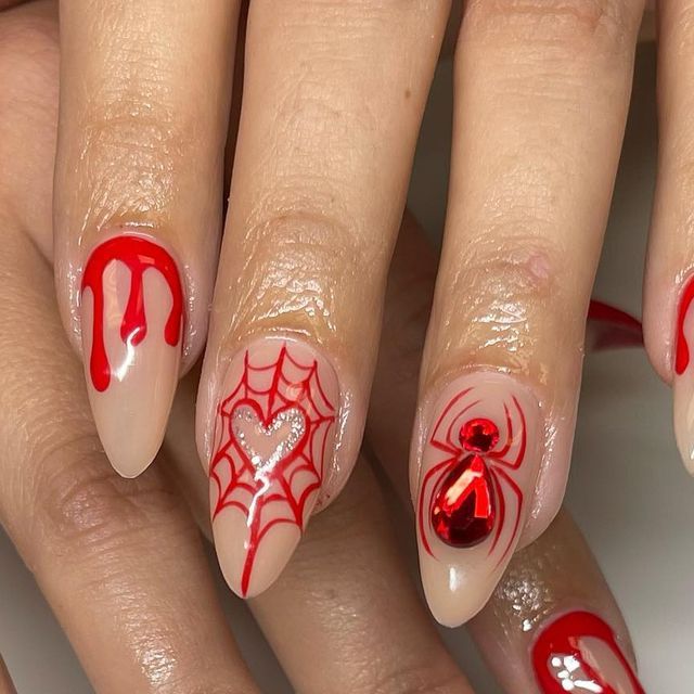 Spooky Red Nail Art Design: Dramatic Drips and Intricate Spider Webs for Halloween Flair.