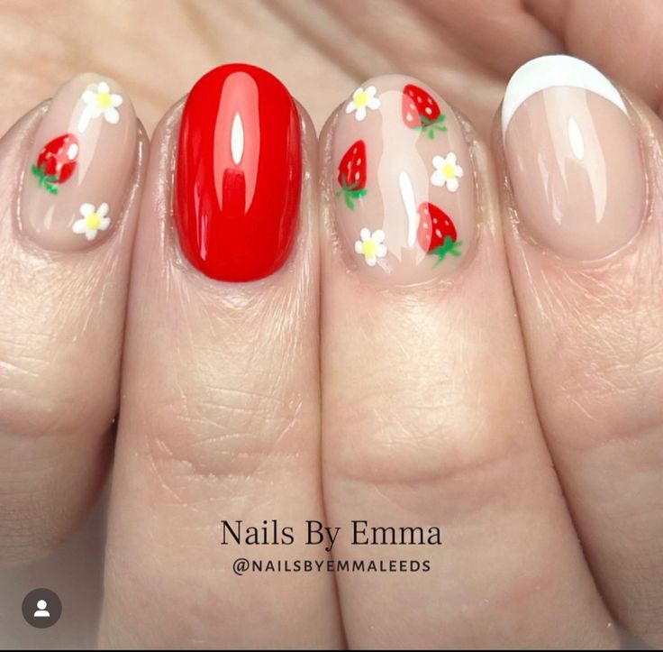 Whimsical Spring Manicure: Vibrant Red and Soft Nude with Floral Accents