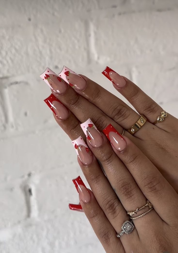 Playful Red and Pink Nail Design with Cherry Accents