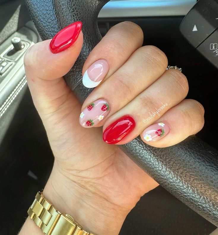 Chic Nail Design: Bold Red and Soft Pink with Floral and Strawberry Accents