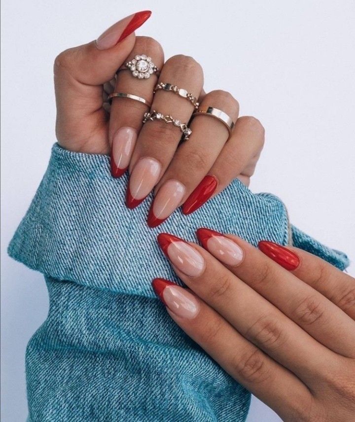 Chic Nail Design: Bold Red Tips on Nude Base for an Elegant Look