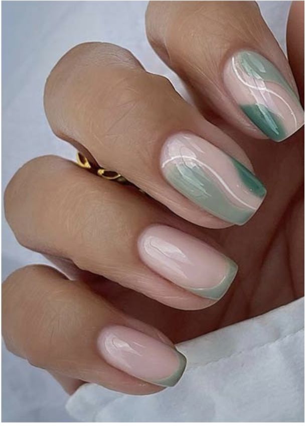 Elegant Nude and Pastel Green Gradient Nail Design with Glossy Finish