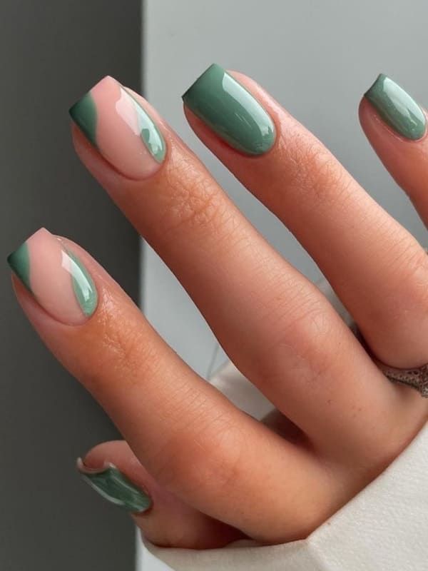 Trendy Geometric Chic: Soft Pink and Muted Green Nail Design