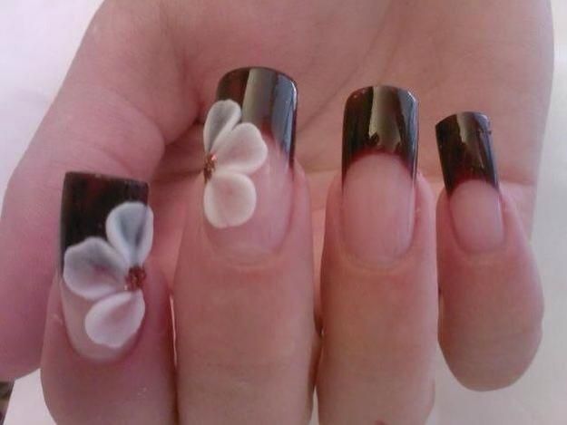 Elegant Deep Burgundy Nail Design with Delicate White Floral Accents