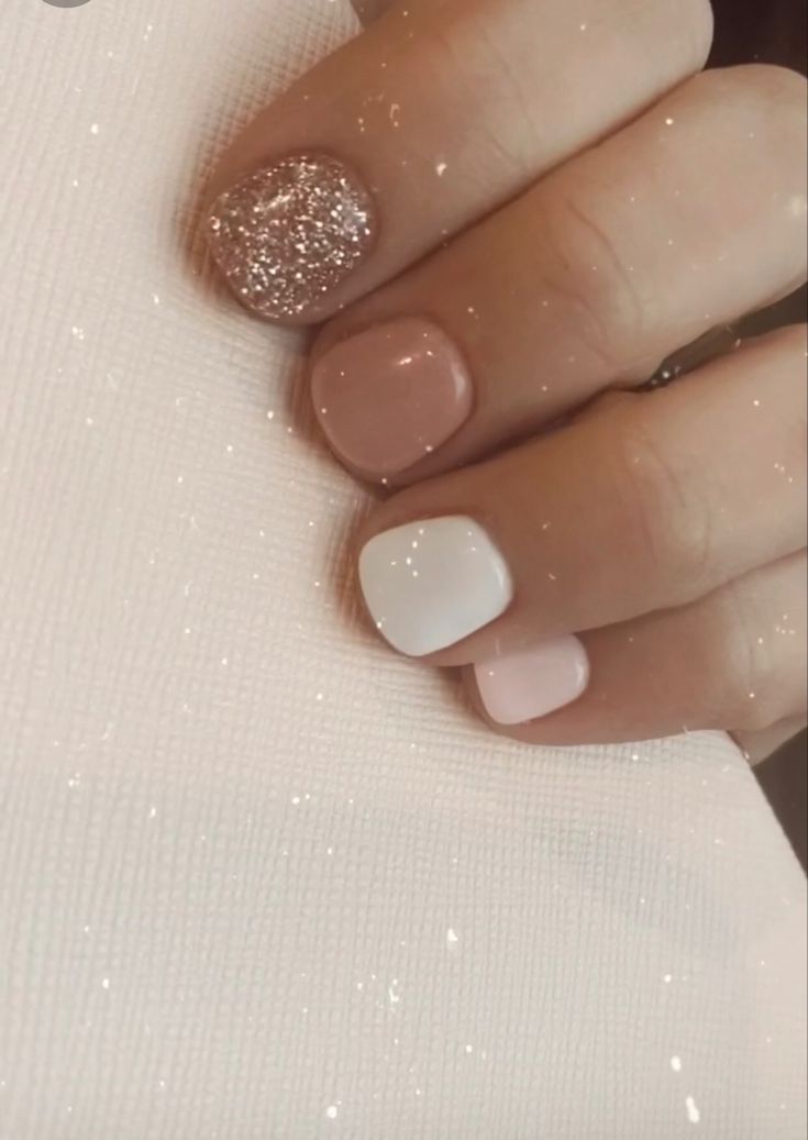 Chic Pastel Nail Design with Glittery Rose Gold Accent