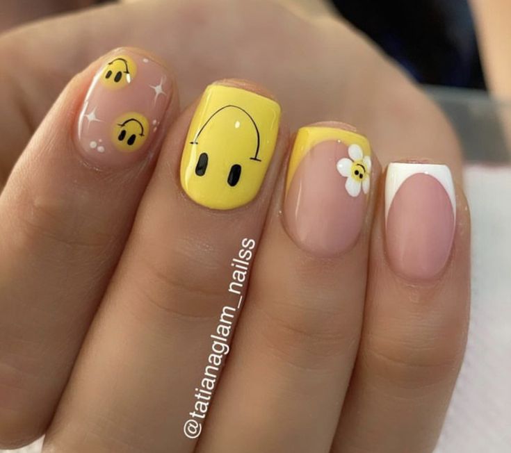 Playful Sunny Nail Design with Bright Yellow, Pastels, and Whimsical Details