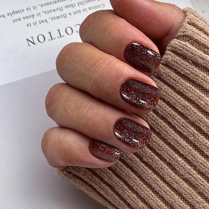 Elegant Sparkling Brown Nail Design with Glitter for Versatile Occasions