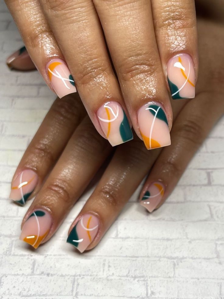 Chic Pastel Nail Design: Elegant Blend of Pinks, Teal, and Playful Abstracts