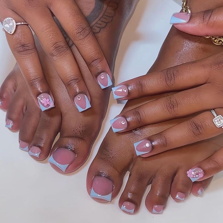 Chic Nail Design: Modern Soft Pink and Light Blue Geometric Manicure with Pearls and Floral Accents.