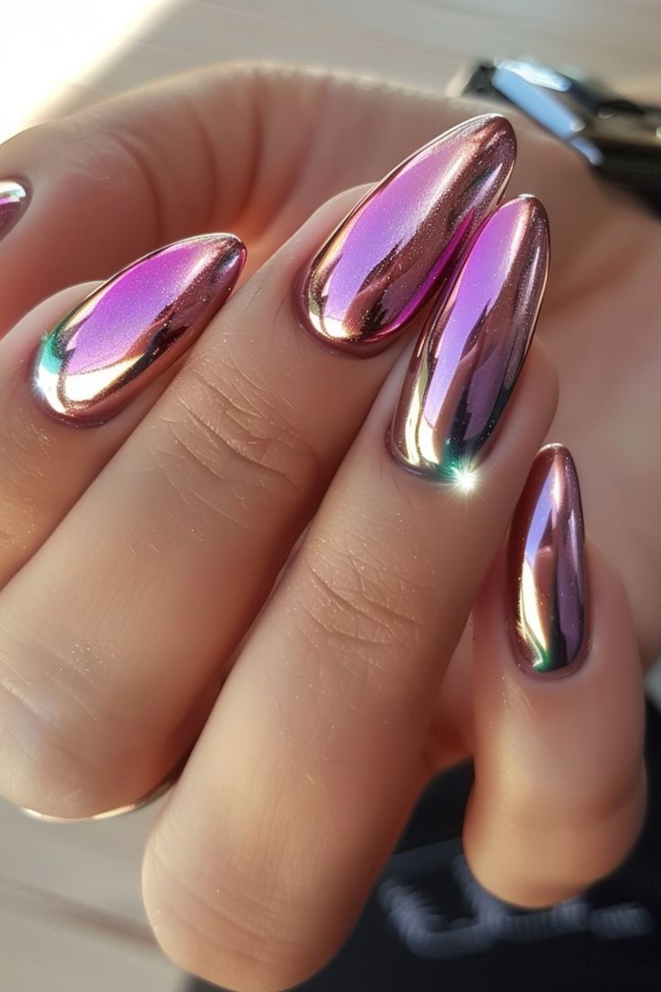 Elegant Chrome Nail Design with Iridescent Pink-Copper Finish on Almond-Shaped Nails