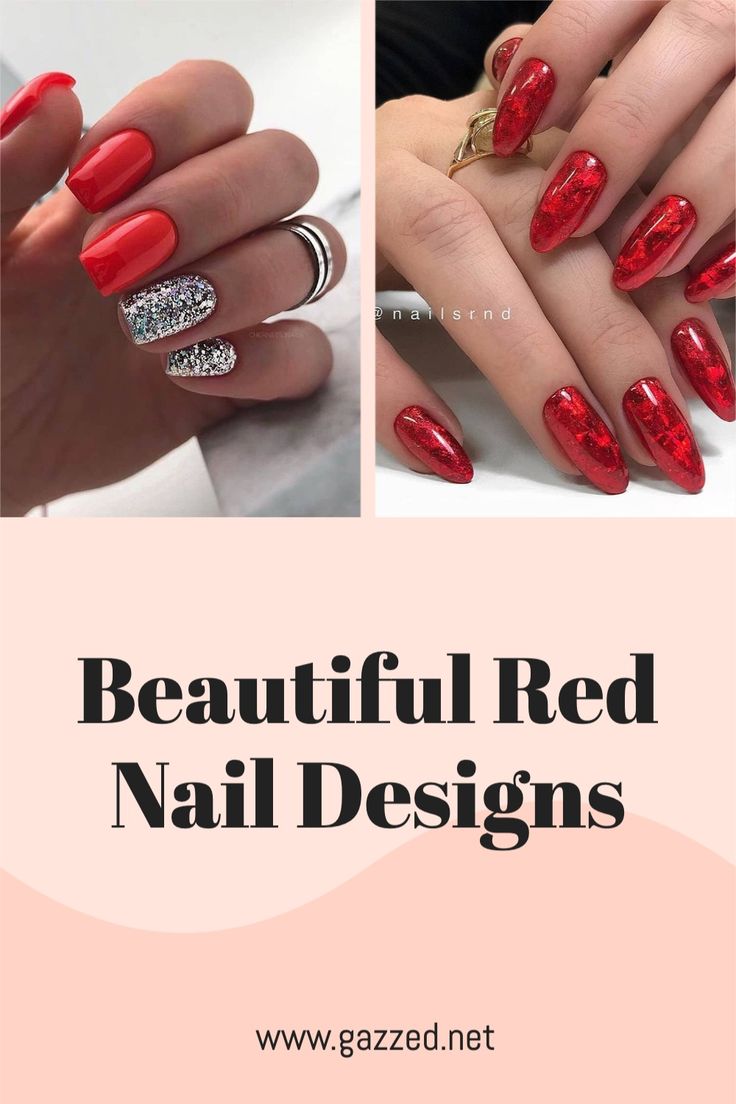 Chic Red Nail Designs: Glossy Texture and Sparkling Silver Accents for Sophistication.