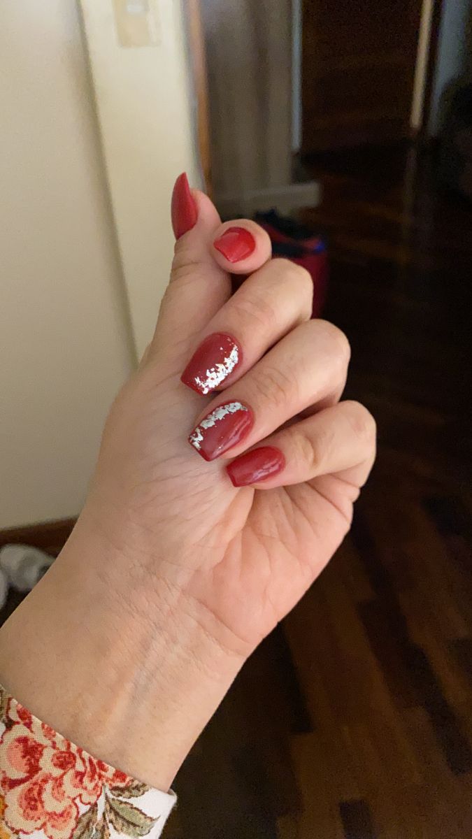 Sophisticated Red Gloss Nail Design with Glamorous White Accents.