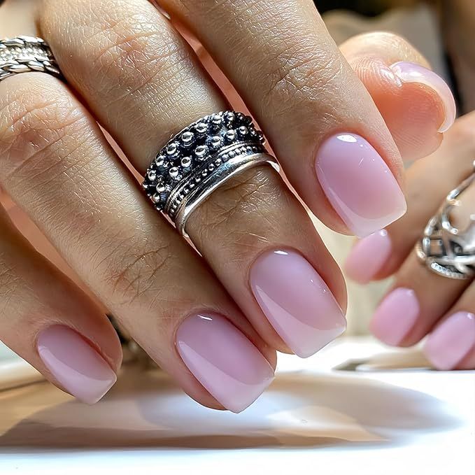 Chic Elegant Pink Nail Design with Glossy Finish and Modern Square Shape.