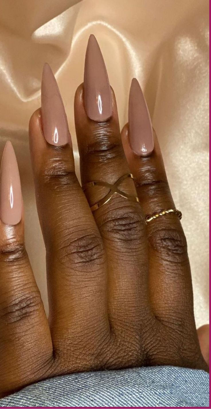 Chic Almond-Shaped Nails with Nude Polish and Delicate Gold Accents.