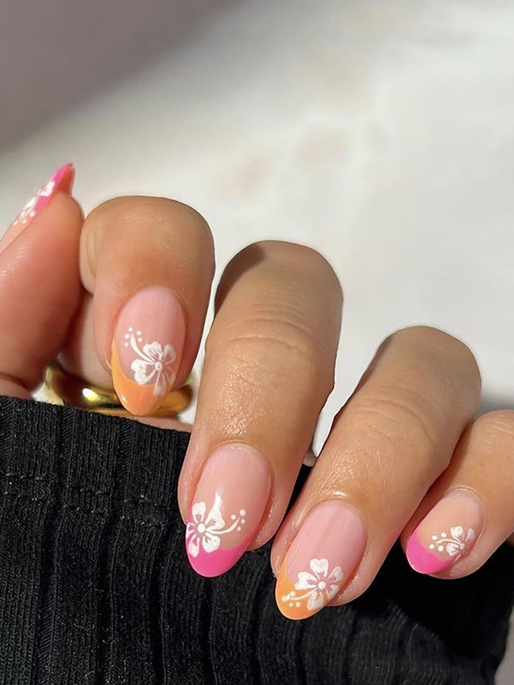 Elegant Floral Nail Design with Gradient Tips for a Fresh Summery Look